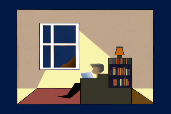 An illustration of a reader enjoying 1984 by George Orwell in a cosy interior