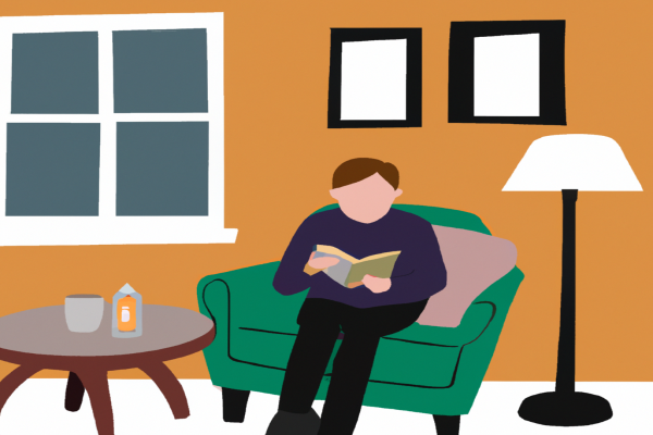 An illustration of a reader enjoying A Short History of Nearly Everything by Bill Bryson in a cosy interior