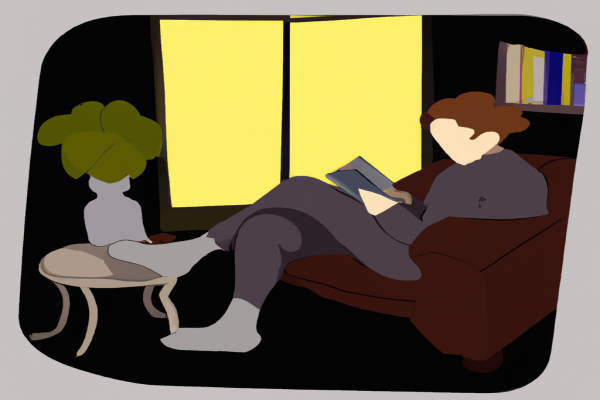 An illustration of a reader enjoying A Wrinkle in Time by Madeleine L'Engle in a cosy interior