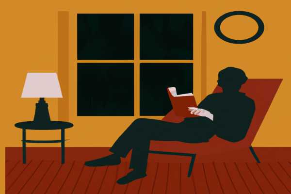 An illustration of a reader enjoying Atlas Shrugged by Ayn Rand in a cosy interior