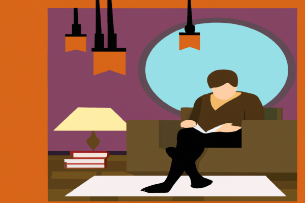 An illustration of a reader enjoying Brand Identity Breakthrough by Gregory V. Diehl in a cosy interior