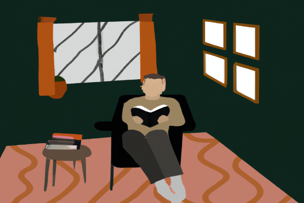 An illustration of a reader enjoying Carrie Soto Is Back by Taylor Jenkins Reid in a cosy interior