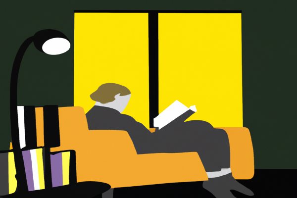 An illustration of a reader enjoying Death by Black Hole by Neil deGrasse Tyson in a cosy interior