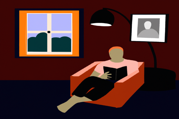 An illustration of a reader enjoying Digital Minimalism by Cal Newport in a cosy interior