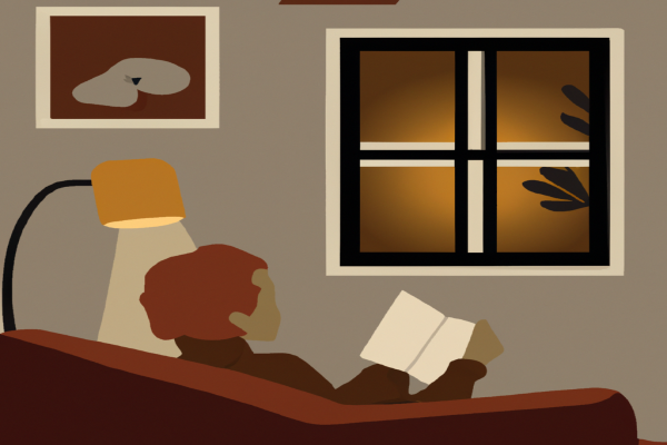 An illustration of a reader enjoying Eat Move Sleep by Tom Rath in a cosy interior