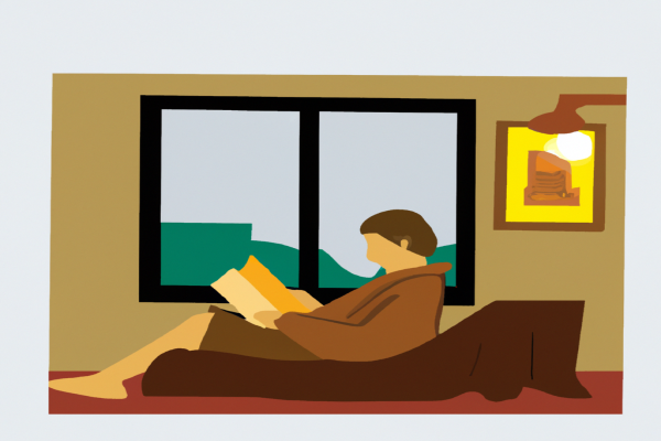 An illustration of a reader enjoying Economics in One Lesson by Henry Hazlitt in a cosy interior