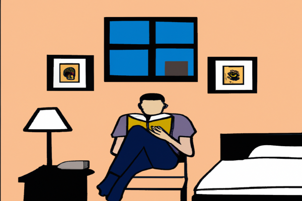 An illustration of a reader enjoying Ender's Game by Orson Scott Card in a cosy interior