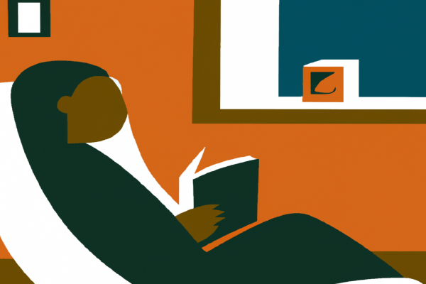 An illustration of a reader enjoying Fahrenheit 451 by Ray Bradbury in a cosy interior