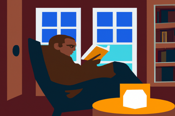 An illustration of a reader enjoying Four Thousand Weeks by Oliver Burkeman in a cosy interior