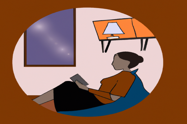 An illustration of a reader enjoying Hack the Buyer Brain by Kenda MacDonald in a cosy interior