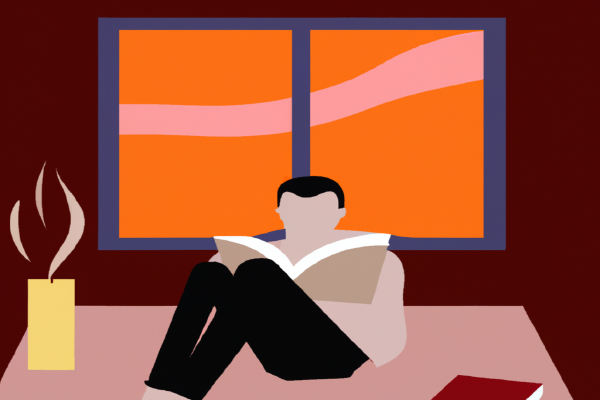 An illustration of a reader enjoying Jamaica Inn by Daphne du Maurier in a cosy interior