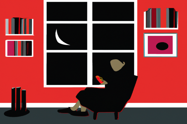 An illustration of a reader enjoying Killers of the Flower Moon by David Grann in a cosy interior