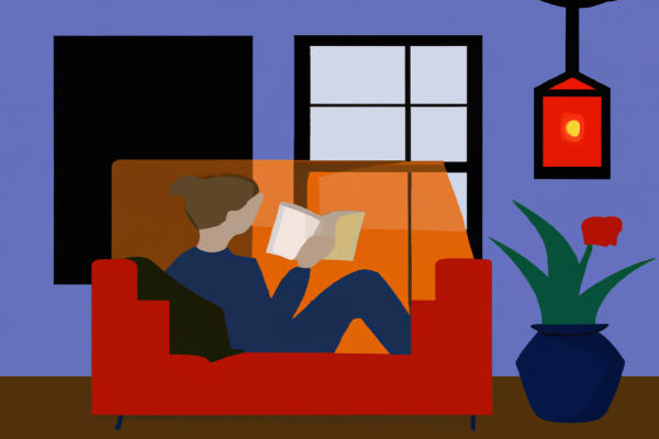 An illustration of a reader enjoying Little Women by Louisa May Alcott in a cosy interior