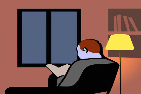 An illustration of a reader enjoying Marley and Me by John Grogan in a cosy interior