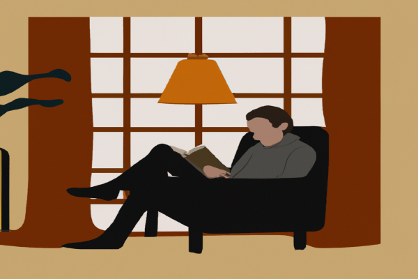 An illustration of a reader enjoying Mastering the Market Cycle by Howard Marks in a cosy interior