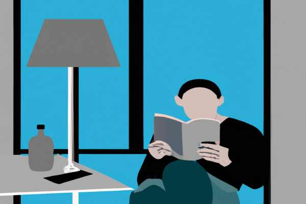 An illustration of a reader enjoying Mockingjay by Suzanne Collins in a cosy interior