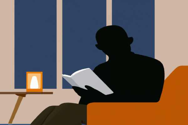 An illustration of a reader enjoying Never Let Me Go by Kazuo Ishiguro in a cosy interior