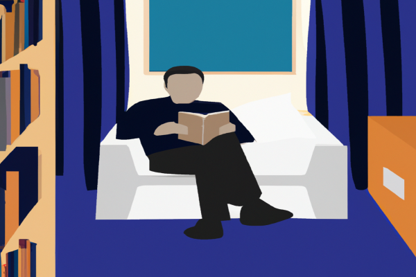 An illustration of a reader enjoying Never Work Again by Erlend Bakke in a cosy interior