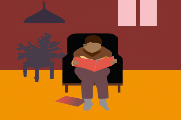 An illustration of a reader enjoying Night by Elie Wiesel in a cosy interior