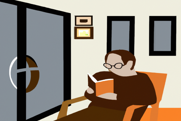 An illustration of a reader enjoying Orbiting the Giant Hairball by Gordon MacKenzie in a cosy interior