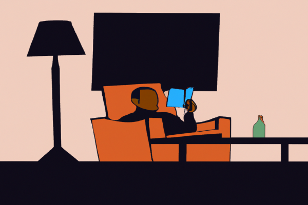 An illustration of a reader enjoying Poke the Box by Seth Godin in a cosy interior