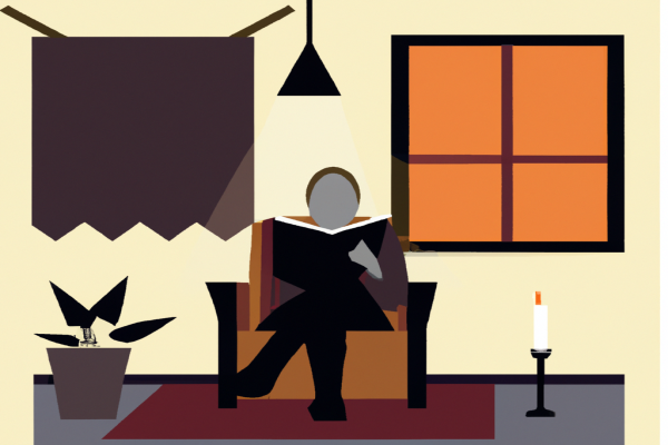 An illustration of a reader enjoying Pride and Prejudice by Jane Austen in a cosy interior