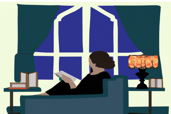 An illustration of a reader enjoying Rework by Jason Fried in a cosy interior