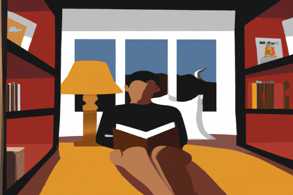 An illustration of a reader enjoying Rich Dad, Poor Dad by Robert T. Kiyosaki in a cosy interior