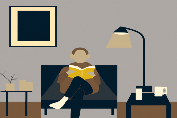 An illustration of a reader enjoying Sorrow And Bliss by Meg Mason in a cosy interior