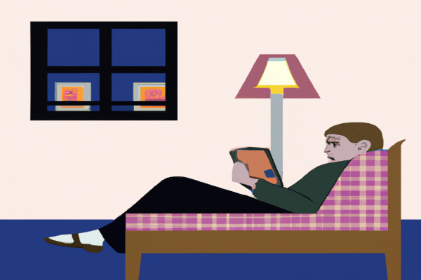 An illustration of a reader enjoying Still Alice by Lisa Genova in a cosy interior