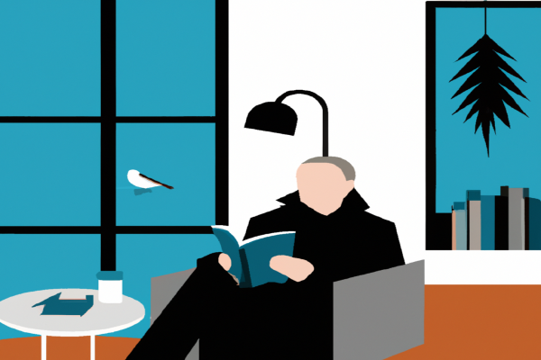 An illustration of a reader enjoying Stumbling on Happiness by Daniel Todd Gilbert in a cosy interior