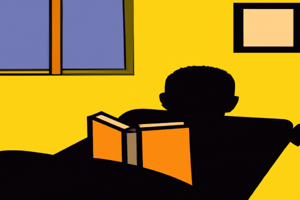 An illustration of a reader enjoying The 4-Hour Workweek by Timothy Ferriss in a cosy interior