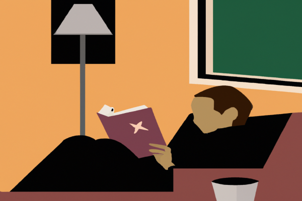 An illustration of a reader enjoying The Contrarian's Guide to Leadership by Steven B. Sample in a cosy interior