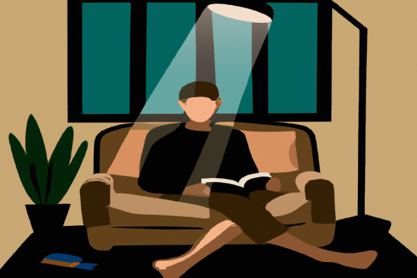 An illustration of a reader enjoying The Everything Store by Brad Stone in a cosy interior