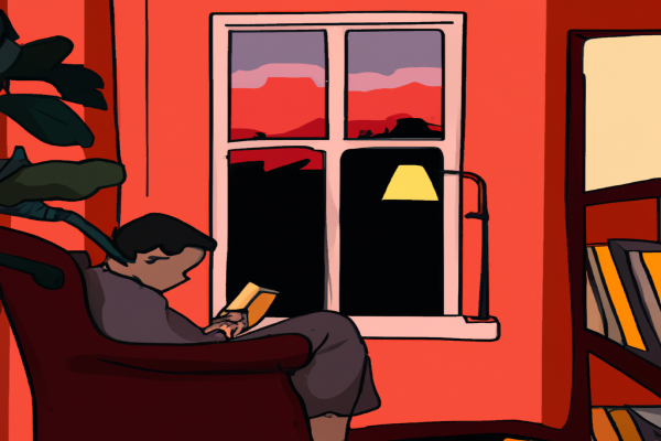 An illustration of a reader enjoying The Four Agreements by Miguel Ruiz in a cosy interior