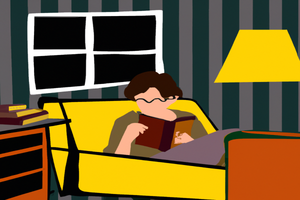 An illustration of a reader enjoying The Gene by Siddhartha Mukherjee in a cosy interior