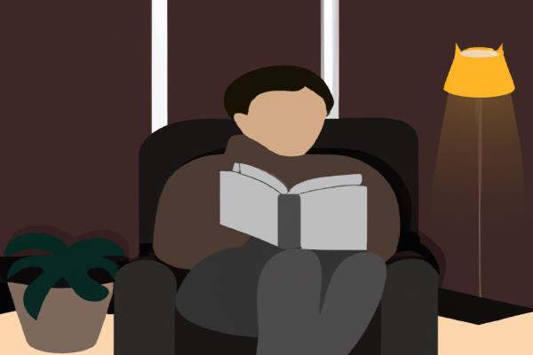 An illustration of a reader enjoying The Goal by Eliyahu M. Goldratt in a cosy interior