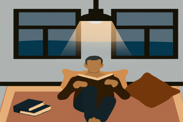 An illustration of a reader enjoying The Go-Giver by Bob Burg in a cosy interior