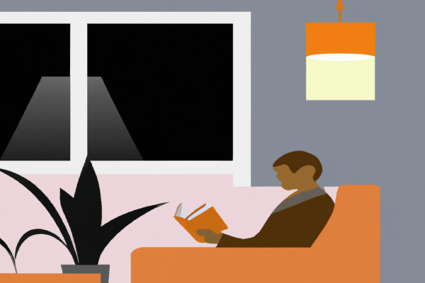 An illustration of a reader enjoying The Grand Design by Stephen Hawking in a cosy interior