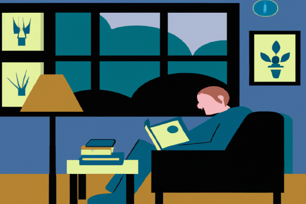 An illustration of a reader enjoying The Grapes of Wrath by John Steinbeck in a cosy interior