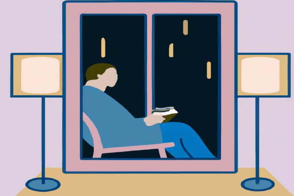 An illustration of a reader enjoying The Greatest Show on Earth by Richard Dawkins in a cosy interior