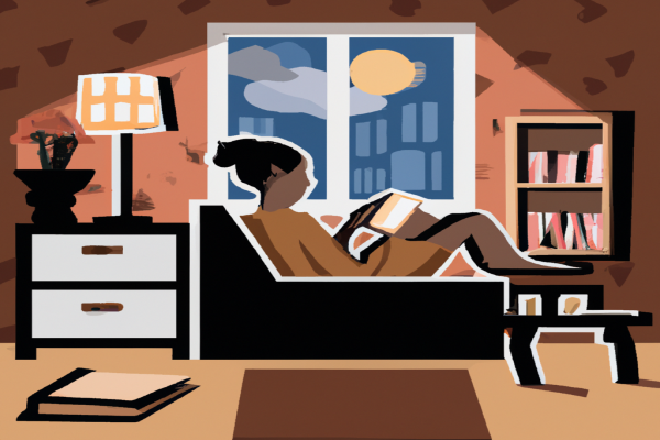 An illustration of a reader enjoying The Hot Zone by Richard Preston in a cosy interior