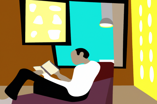 An illustration of a reader enjoying The Idea-Driven Organization by Alan G. Robinson in a cosy interior