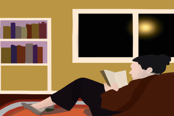 An illustration of a reader enjoying The Kitchen House by Kathleen Grissom in a cosy interior