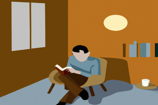 An illustration of a reader enjoying The Magic of Thinking Big by David J. Schwartz in a cosy interior