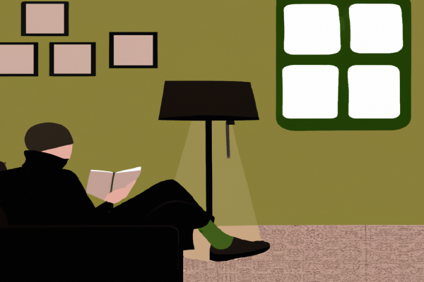 An illustration of a reader enjoying The Masculine Mind by Dylan Thrasher in a cosy interior