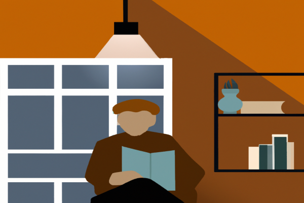 An illustration of a reader enjoying The Omnivore's Dilemma by Michael Pollan in a cosy interior
