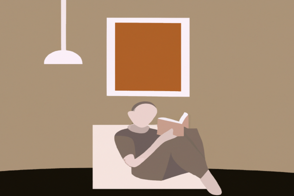 An illustration of a reader enjoying The Origin of Species by Charles Darwin in a cosy interior