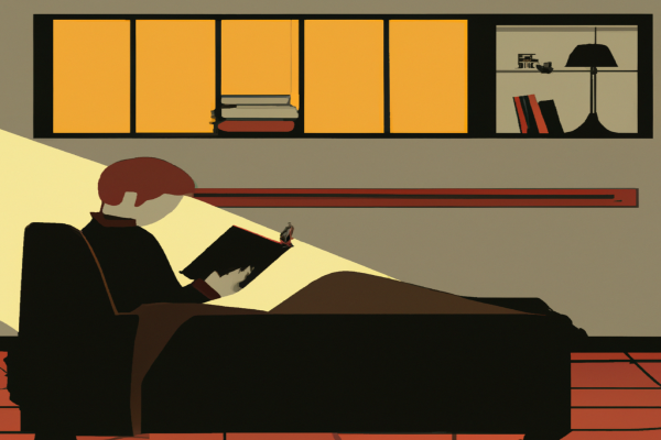 An illustration of a reader enjoying The Power of Full Engagement by Jim Loehr in a cosy interior