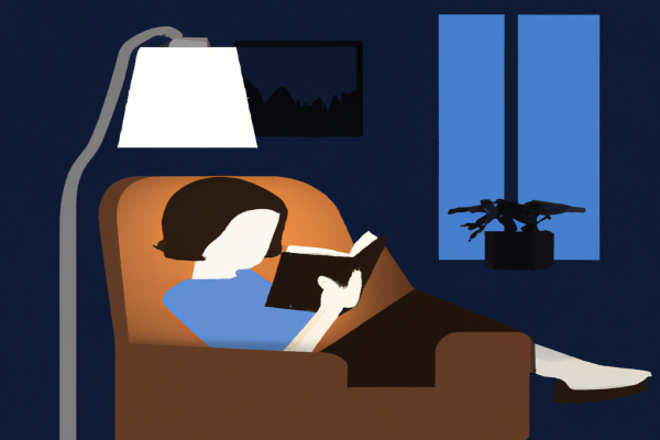 An illustration of a reader enjoying The Power of Now by Eckhart Tolle in a cosy interior